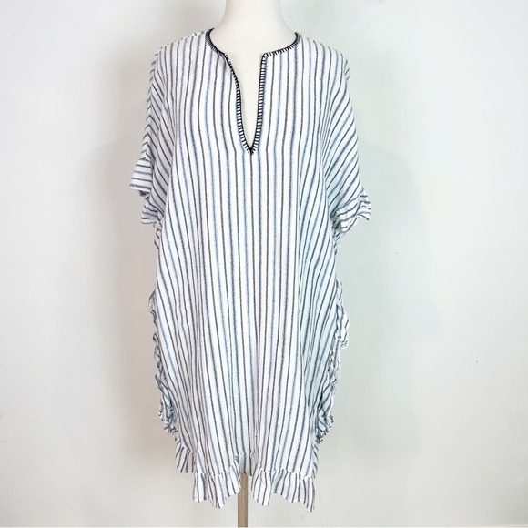 BCBG MAXAZRIA DOVE BLUE WHITE STRIPE RUFFLE EDGE CAFTAN DRESS WOMENS XS/SMALL - Picture 2 of 10